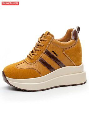 Women's Platform Wedge Sneakers Leather Hidden Heel Lace Up Chunky Tennis Shoes